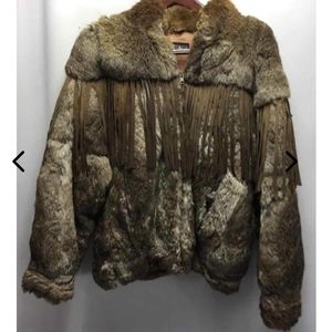 BALLEN DESIGN Western Style Fringed Fur Coat ZIP UP ZIPPERED Size L BROWN